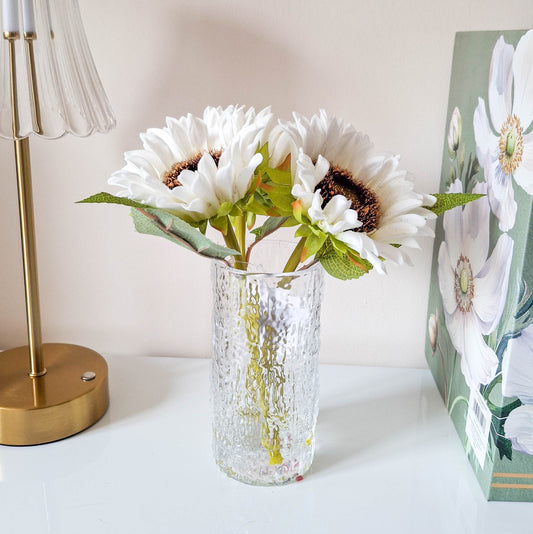 Artificial White Sunflowers in Glass Vase