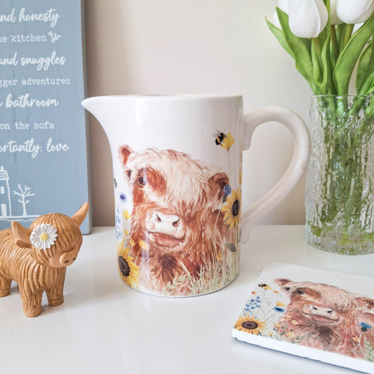 Floral Highland Cow Jug