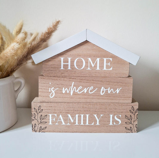 Home Is Where Our Family Is Mantel Plaque
