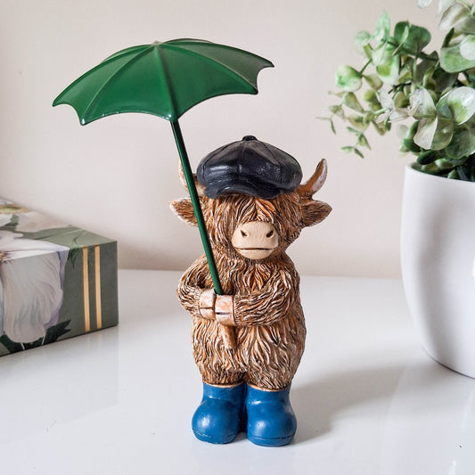 Rainy Days Boy Highland Cow with Umbrella