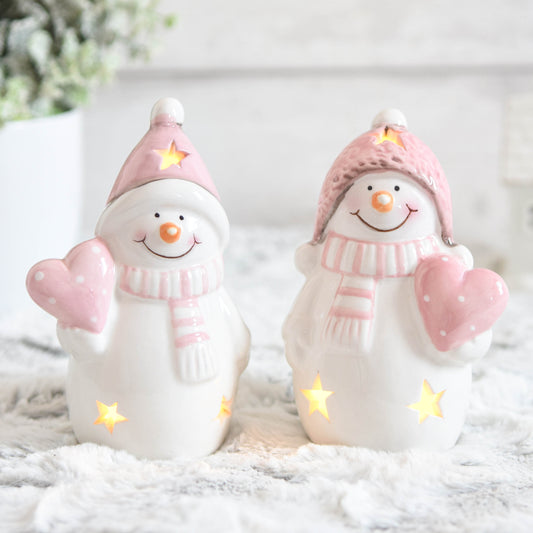 Pastel Pink Snowman with Heart LED Ornament