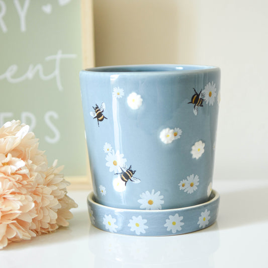 Blue Floral Bee Planter & Tray