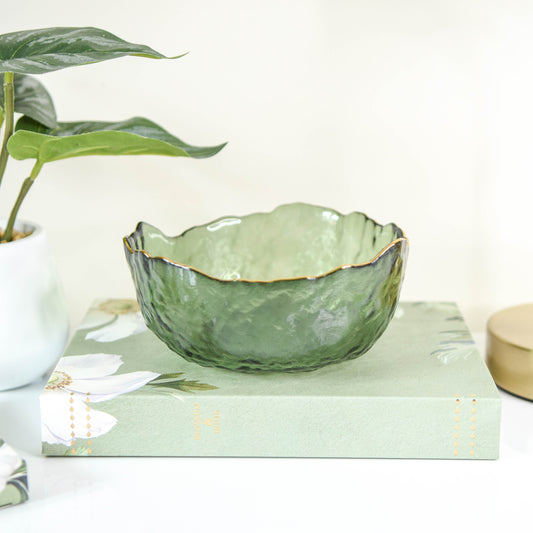 Small Green Glass Gold Trim Wavy Bowl