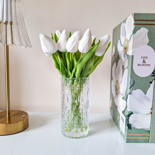 Artificial White Closed Tulips in Glass Vase