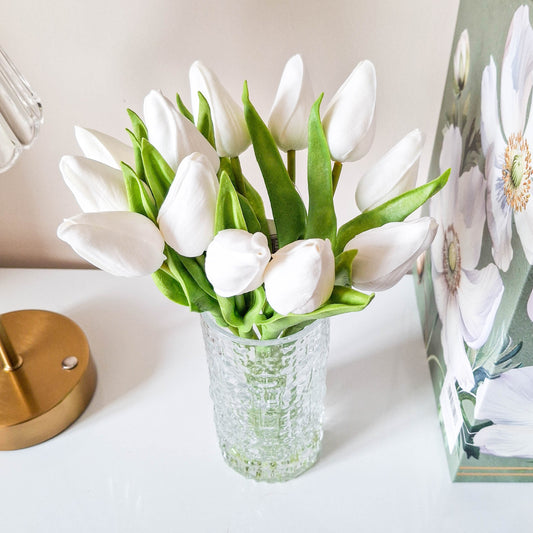 Artificial White Closed Tulips in Glass Vase