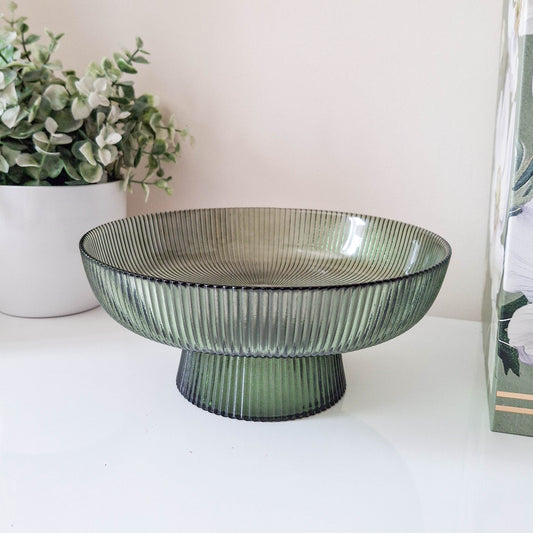 Green Ridged Glass Pedastal Bowl