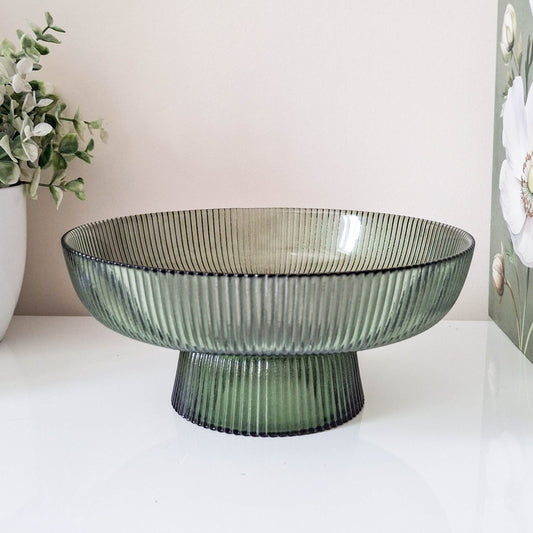 Green Ridged Glass Pedastal Bowl