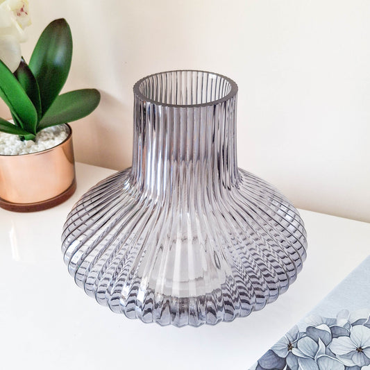 Smokey Blue Ridged Glass Bottle Vase