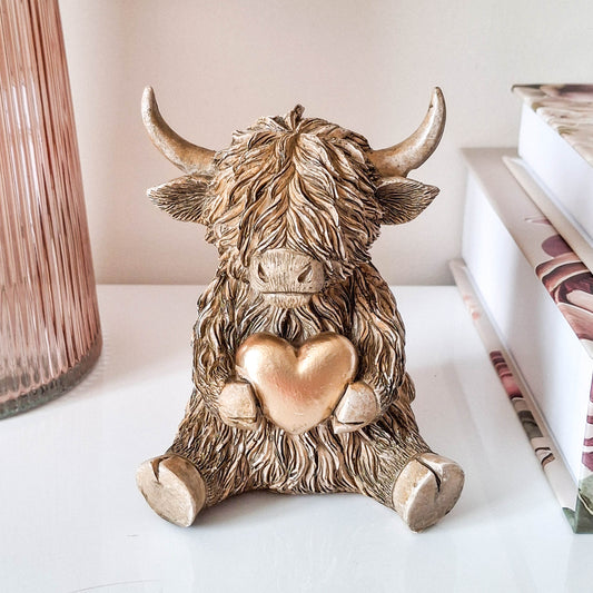 Gold Heart Happy Highland Cow Figurine