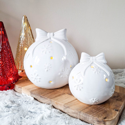 Glazed Ceramic LED Snowflake Bauble with Bow