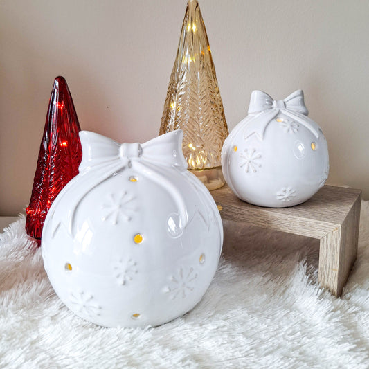 Glazed Ceramic LED Snowflake Bauble with Bow