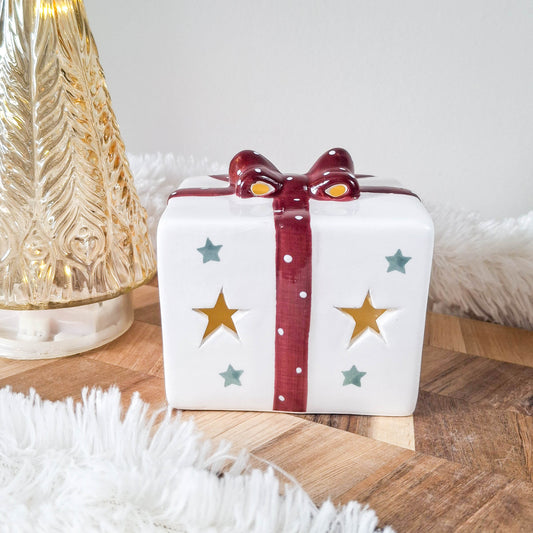 White & Red Bow LED Gift Ornament