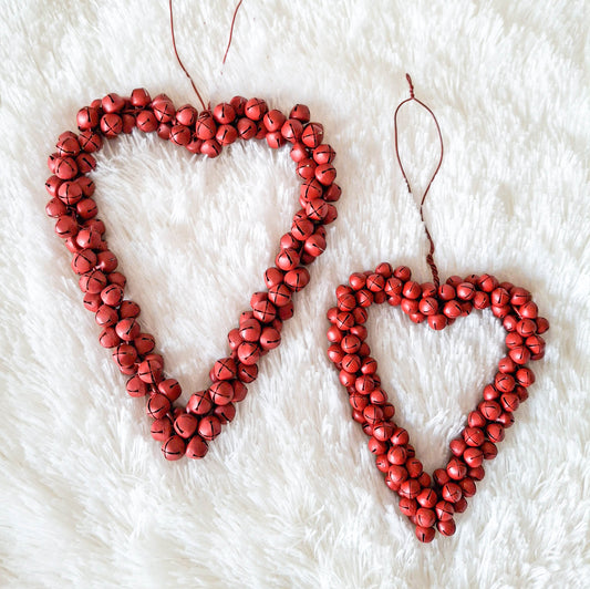 Set of 2 Red Jingle Bell Heart Hangers