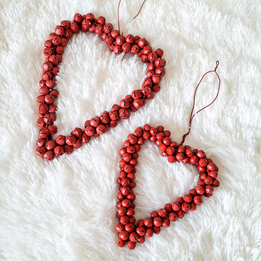 Set of 2 Red Jingle Bell Heart Hangers