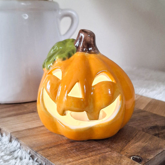 Small Orange LED Carved Ceramic Pumpkin