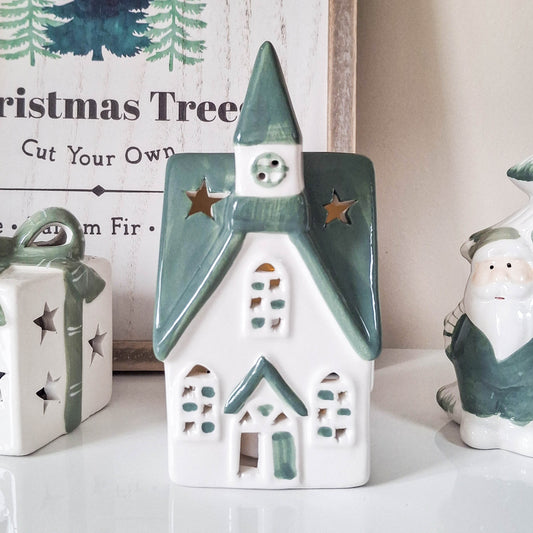 White & Green Ceramic Tealight House