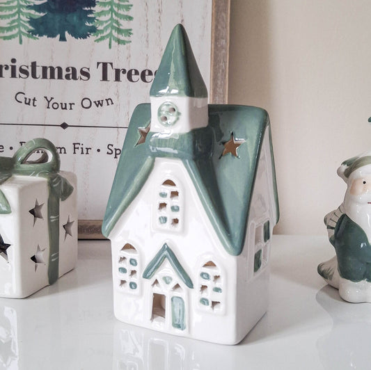 White & Green Ceramic Tealight House