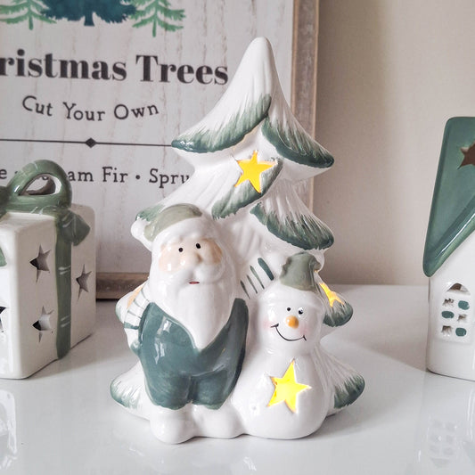 White & Green LED Tree with Santa and Snowman