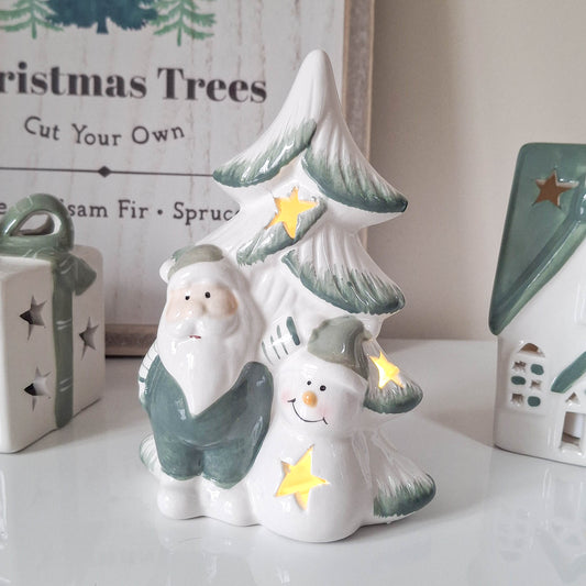 White & Green LED Tree with Santa and Snowman