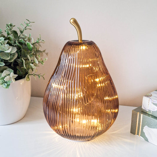 Copper LED Ribbed Glass Pear