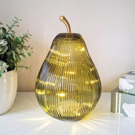 Green LED Ribbed Glass Pear