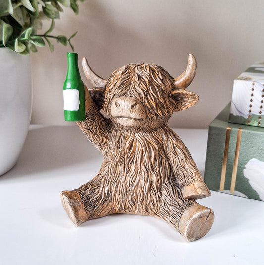 Beer O'Clock Happy Highland Cow Figurine