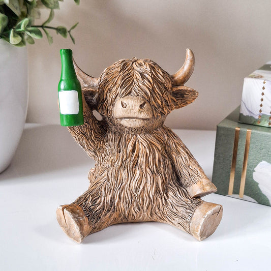 Beer O'Clock Happy Highland Cow Figurine