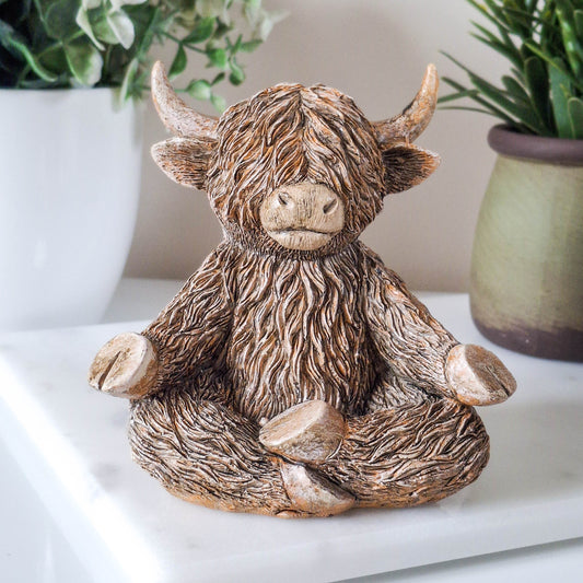 Yoga Moo Happy Highland Cow Figurine
