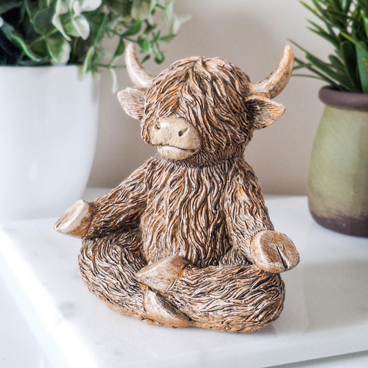 Yoga Moo Happy Highland Cow Figurine