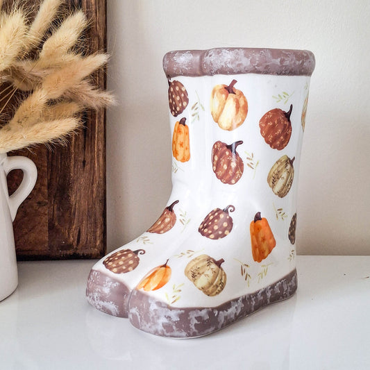 Pumpkin Print Welly Boots Vase