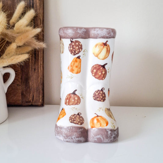 Pumpkin Print Welly Boots Vase