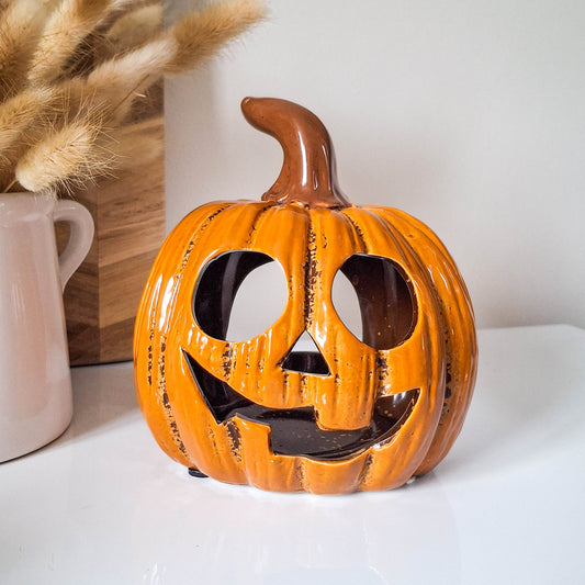 Orange Carved Pumpkin Lantern Holder