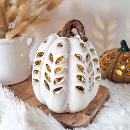 Cream Cutout Ceramic LED Pumpkin