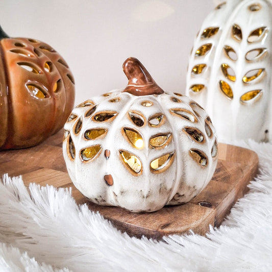 Cream Cutout Ceramic LED Pumpkin