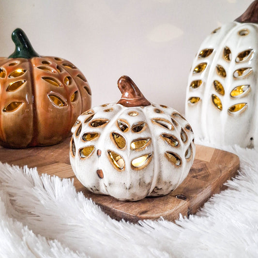 Cream Cutout Ceramic LED Pumpkin