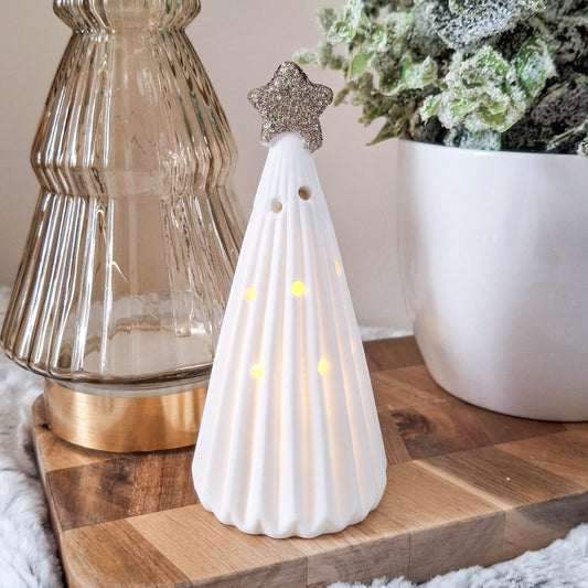 Small Matt White LED Ceramic Christmas Tree Ornament