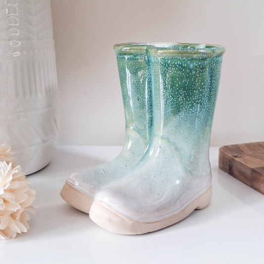 Small Green Ceramic Wellies Vase