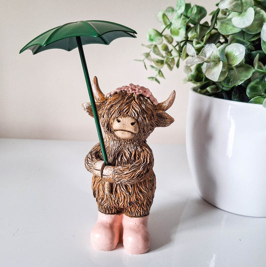 Rainy Days Girl Highland Cow with Umbrella