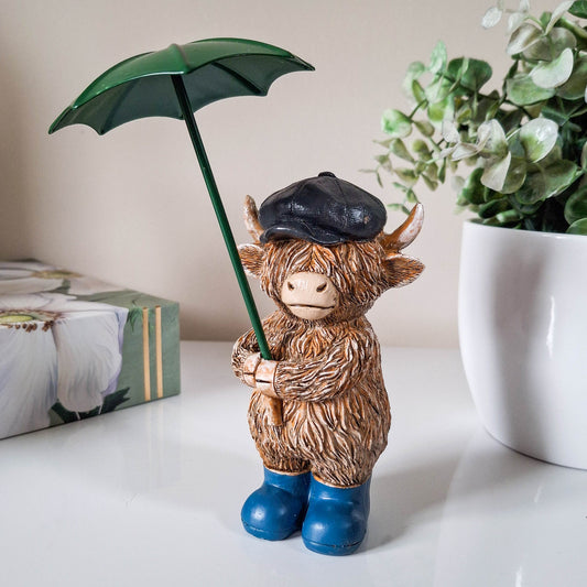 Rainy Days Boy Highland Cow with Umbrella