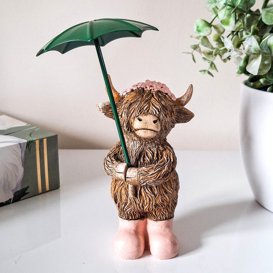 Rainy Days Girl Highland Cow with Umbrella