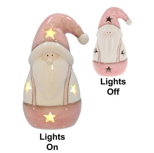 Pink & White Ceramic LED Santa Ornament