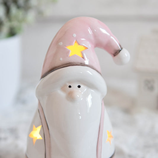 Pink & White Ceramic LED Santa Ornament