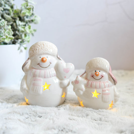 Pastel Pink Jolly Snowman LED Ornament