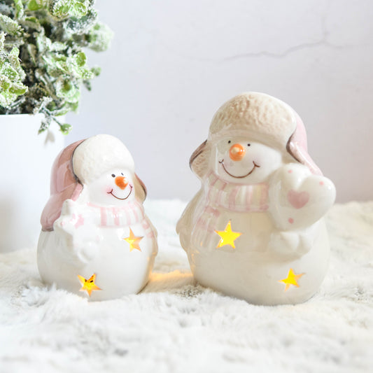 Pastel Pink Jolly Snowman LED Ornament