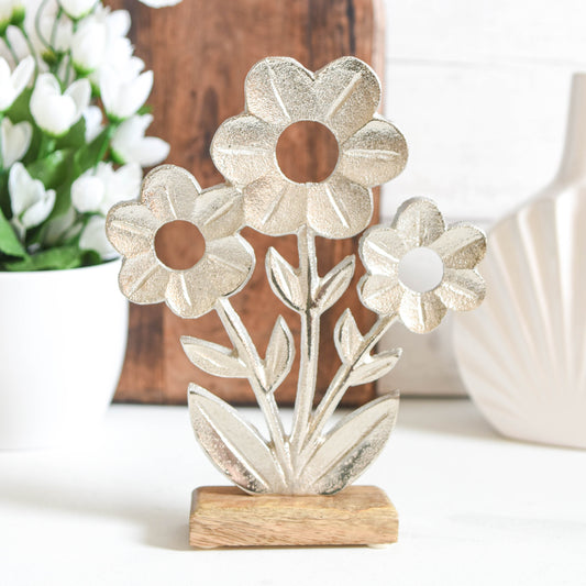 Silver Aluminium Flower Sculpture on Wooden Base