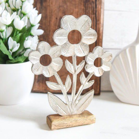 Silver Aluminium Flower Sculpture on Wooden Base