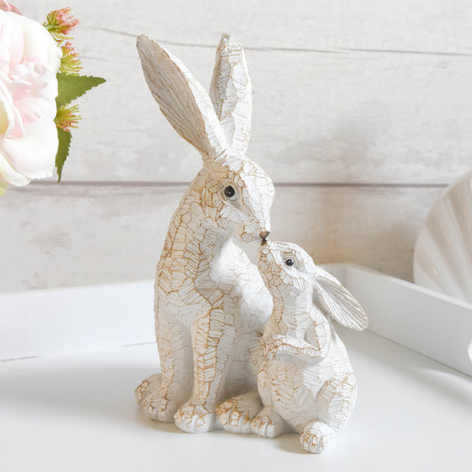 Mum & Baby Kissing Rabbits Carved Ornament