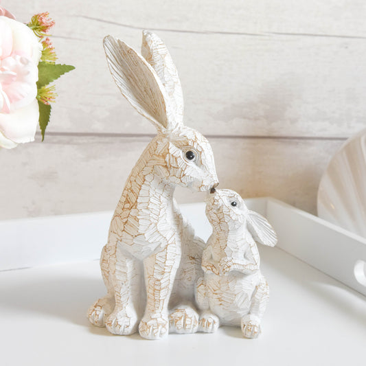 Mum & Baby Kissing Rabbits Carved Ornament