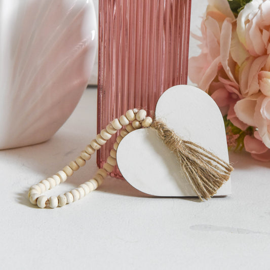 Cream Beaded Hanging Wooden Heart Decoration