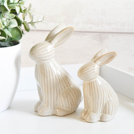 Neutral Ribbed Ceramic Sitting Rabbit Ornament